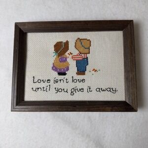Cross Stitch Framed wall decor VTG Valentine handmade Gift